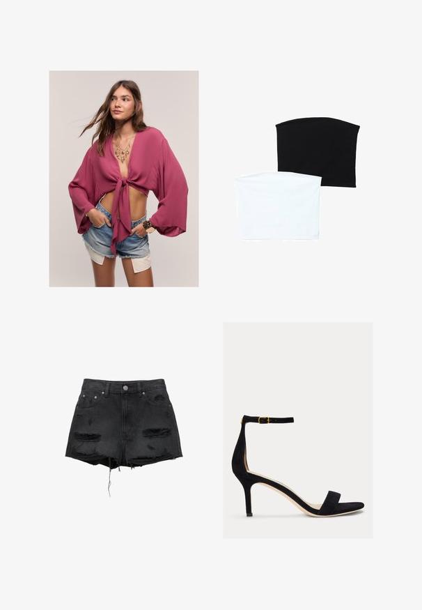 Blusa accorciata color bacca con nodo frontale, maniche larghe e una texture morbida, abbinata a pantaloncini di jeans e gioielli d'oro a strati.; Due sciarpe a tubo senza soluzione di continuità: una nera e una bianca. Entrambe sono realizzate in tessuto morbido e elastico e presentano una texture liscia senza motivi.; Shorts in denim nero con orli sfrangiati, toppe strappate, chiusura frontale con bottone e design a cinque tasche. Classico taglio high-waisted.; Lauren Ralph Lauren ALLIE MID HEEL SUEDE SANDAL - Sandali - black