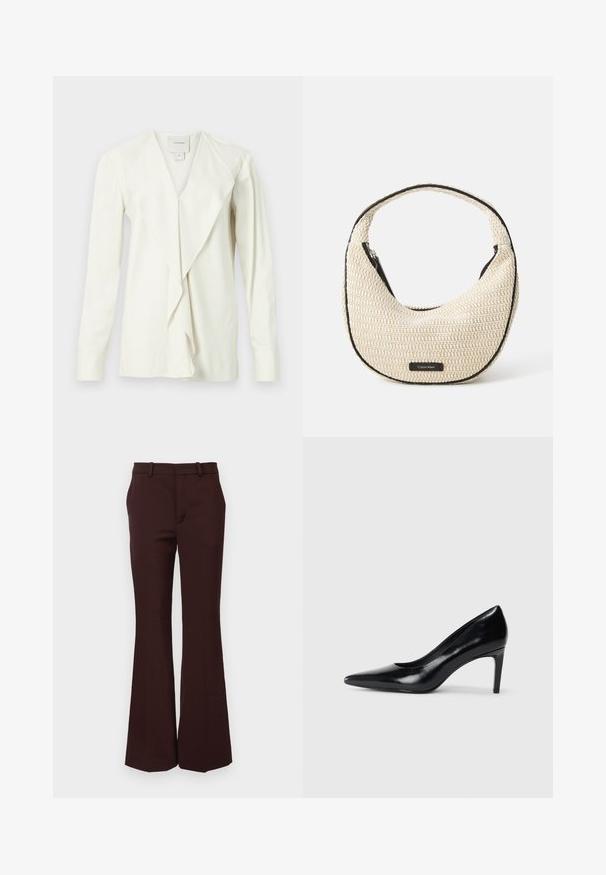 White long-sleeved blouse with a V-neck, featuring a draped front and fitted sleeves. Smooth fabric with a subtle sheen, tailored design.; Brown flared trousers made from a smooth fabric, featuring a tailored waistline, belt loops, and a clean front with no pockets.; Black leather high heel shoe with a pointed toe, smooth texture, and a tapered heel. Minimalist design, no additional embellishments.; Beige woven shoulder bag with a curved shape and black trim. Features a top zipper closure and a logo patch on the front.