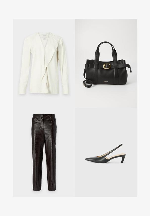 Blusa bianca a maniche lunghe con scollo a V, caratterizzata da un davanti drappeggiato e maniche aderenti. Tessuto liscio con una leggera lucentezza, design su misura.; Pantaloni in pelle nera con texture a coccodrillo, design slim-fit, tasche frontali e un piccolo logo vicino alla vita.; Scarpa slingback nera con punta affilata e tacco basso, realizzata in pelle liscia e con un design a taglio laterale per favorire la traspirabilità.; Borsa a mano in pelle nera con un design strutturato, doppie maniglie superiori, accentuazione in metallo dorato e logo del marchio in rilievo sul davanti.