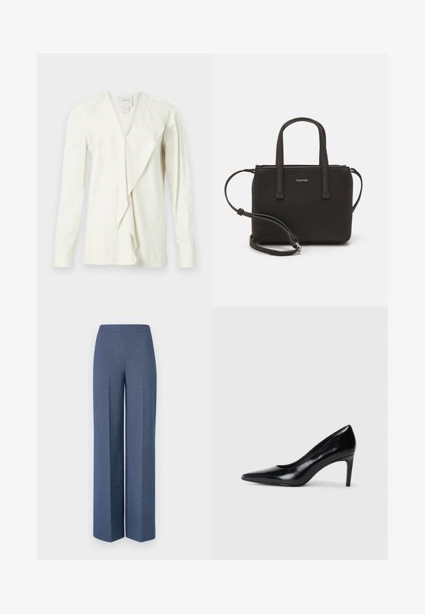 Weiße Bluse mit langen Ärmeln und V-Ausschnitt, mit drapiertem Frontteil und enganliegenden Ärmeln. Glattes Gewebe mit dezentem Glanz, taillierte Passform.; Weite Hose aus strukturiertem blauen Material mit einem glatten Bund und scharfen Falten an der Vorderseite, die ein maßgeschneidertes Design zur Geltung bringen.; Schwarzer Lederhochschuh mit spitzem Zehenbereich, glatter Textur und schmalem Absatz. Minimalistisches Design, keine zusätzlichen Verzierungen.; Schwarze Handtasche mit zwei kurzen, doppelt geflochtenen Griffen und einem abnehmbaren Schulterriemen. Glattes, lederähnliches Material mit einem Reißverschluss und Logodetail.