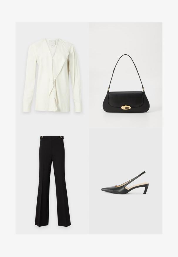 Bela bluza z dolgimi rokavi in V-izrezom, z drapirano sprednjo stranico in oprijetimi rokavi. Gladek material z rahlim sijajem, oblikovana zasnova.; Črne široke hlače iz raztegljive tkanine. Visok pas s dvema zlatima gumba na pasu. Gladka tekstura, brez vzorcev.; Črne čevlje s koničastimi nosovi in slingback obliko z nizko peto, izdelane iz gladke usnjene materiale ter s črtasto zasnovo na strani za prezračevanje.; Črna usnjena torba s ukrivljeno zasnovo, z zlatimi dodatki in zgornjim ročajem. Ima eleganten zapirni mehanizem in gladko teksturo.