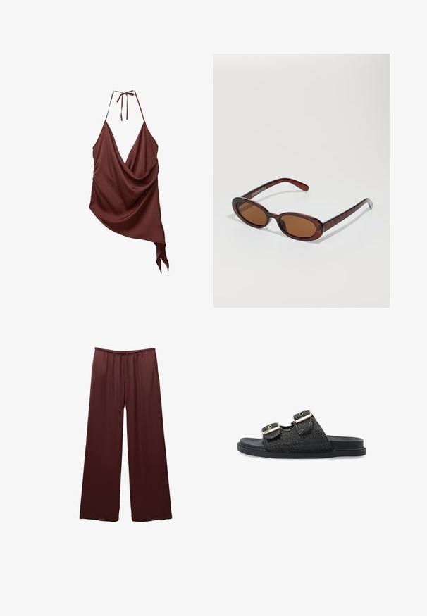 Bordeaux draped mouwloos topje met een diepe V-hals, halterstrikbanden en asymmetrische zoomdetails. Glad, zacht stoffen textuur.; Bordeaux wijde broek van een soepele stof, met een elastische tailleband en een trekkoord, ontworpen voor comfort en gemak.; Zwarte slidesandalen met een geweven textuur aan de bovenkant, voorzien van twee verstelbare banden met gouden accenten. Platte rubberen zool voor comfort.; Ronde, bruin getinte zonnebril met een glanzend bordeauxrood frame. Slanke pootjes met subtiele merkdetails. Vlakke lensontwerp.