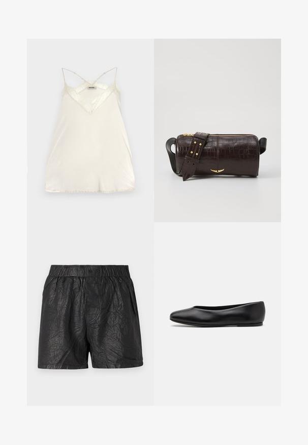 Lichtcrème camisole met verstelbare spaghettibandjes, V-halsontwerp en kantaccenten bij de halslijn en zoom voor extra detail.; Zwarte shorts van gekreukt materiaal, met een elastische tailleband met twee knopen, knielange snit en een gladde textuur.; Paul Smith TOPANGA - Ballerina's - black; Bruine krokodil-embosserende leren tas met een cilindervorm, gouden hardware en een afneembare schouderband met studs.