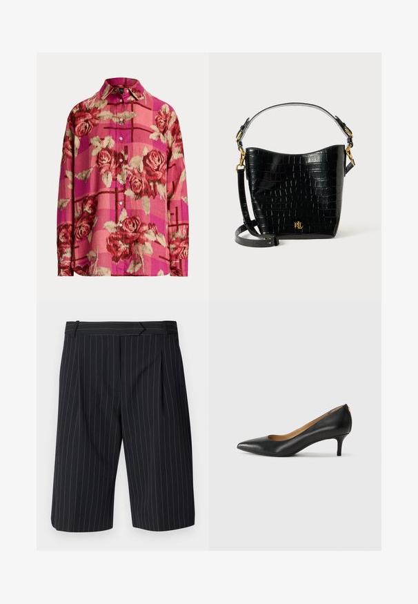 Camicia button-up di colore rosa con un motivo floreale che presenta rose, tessuto testurizzato e maniche lunghe. Colletto e vestibilità leggermente ampia.; Pantaloni corti neri a righe con una vestibilità sartoriale, caratterizzati da una parte anteriore piatta, pieghe e una texture liscia. Inclusi passanti per la cintura.; Décolleté in pelle nera con punta affilata, tacco basso e texture liscia. Presenta un leggero apertura sulla parte anteriore e hardware minimale sul retro.; Borsa in pelle nera con effetto coccodrillo, dalla forma curvata, con dettagli in metallo dorato, una tracolla regolabile e un logo sul davanti.