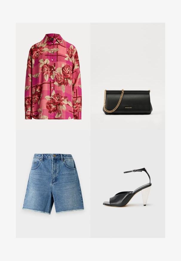 Button-up skjorte i rosa med blomsterdesign som har roser, teksturert stoff og lange ermer. Krage med en litt løs passform.; Denimshorts i lys blå, med høy midje, knappelukking, sidelommer og slitt hem for en avslappet passform.; Svart lær høyhælte sandaler med åpen tå, asymmetrisk design, ankelstropp og en metallisk kjegleformet hæl. Glatt tekstur hele veien.; Svart skinnkuvertveske med en gullkjede-rem, med en glatt tekstur, rektangulær form og preget merkevare på forsiden.