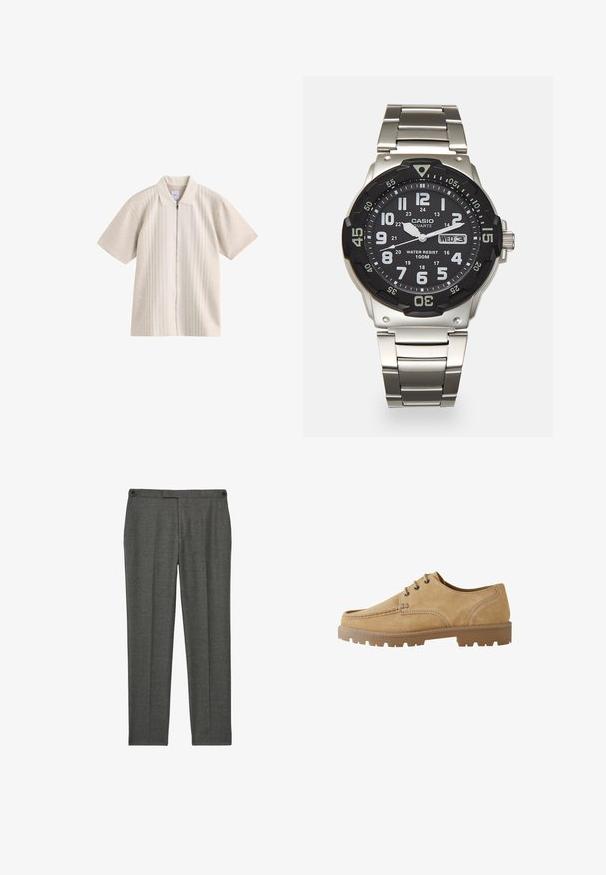 Šviesiai pilkas polo marškinėliai trumpomis rankovėmis su užtrauktuku priekyje, su vertikaliomis tekstūruotomis juostomis ir lygiu apykaklė. Pagaminta iš švelnios medžiagos.; Pilkos pritaikytos kelnės, pagamintos iš tekstūruotos medžiagos. Savybės: lygus priekis, dvi šoninės kišenės ir subtilios siuvimo detalės.; Šviesiai rudos zomšinės batai su raišteliais, apvaliu pirštu, kontrastingomis siūlėmis ir storesniu guminiu padu su grublėta struktūra, užtikrinančia sukibimą.; Metalinis kvarcinis laikrodis su juodu ciferblatu, baltais skaičiais ir datos rodmeniu. Turi nerūdijančio plieno juostą ir atsparumą vandeniui iki 100 m.