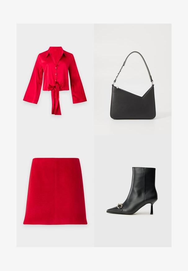 Rød satinbluse med krave, lange klokkeærmer og en frontsløjfe detalje ved taljen. Knapper løber ned ad fronten. Glat tekstur.; Rød mini nederdel lavet af struktureret stof med lige snit. Designet har en sømløs front og rene linjer uden udsmykninger.; Sort læder ankelstøvle med spidse tæer, slank hæl i mellemhøjde og sølvspænde detaljer på siden mod en ensfarvet baggrund.; Sort læderhåndtaske i trekantet form med en slank rem og sølv hardware. Har lynlås-lukning og prægede logo på forsiden.