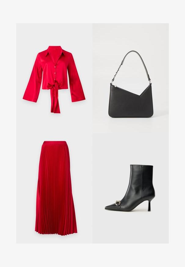 Blouse en satin rouge avec un col, à manches cloche longues et un lien à l'avant au niveau de la taille. Des boutons descendent le long de l'avant. Texture lisse.; JOOP! Jupe longue - dark red; Bottine en cuir noir avec un bout pointu, un talon moyen fin et un détail de boucle en argent sur le côté, se détachant sur un fond uni.; Sac à main en cuir noir, de forme triangulaire, avec une sangle fine et des accessoires en métal argenté. Il dispose d'une fermeture zippée et d'un logo embossé à l'avant.