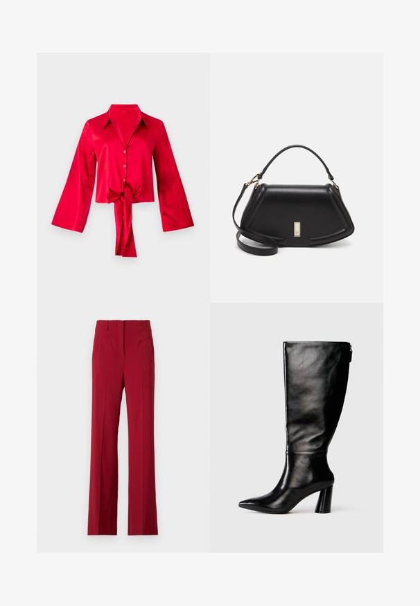 Blouse en satin rouge avec un col, à manches cloche longues et un lien à l'avant au niveau de la taille. Des boutons descendent le long de l'avant. Texture lisse.; Pantalons sur mesure rouges avec une coupe droite, présentant des poches avant et une texture de tissu lisse. Aucuns fermetures éclair ou embellissements visibles.; Botte en cuir noir à hauteur de genoux avec un bout pointu, une texture lisse et un talon épais. Elle présente un zip à l'arrière.; Sac à main en cuir noir avec un design structuré, featuring une forme cropped, une poignée supérieure et des accents en matériel doré. Bandoulière réglable incluse.