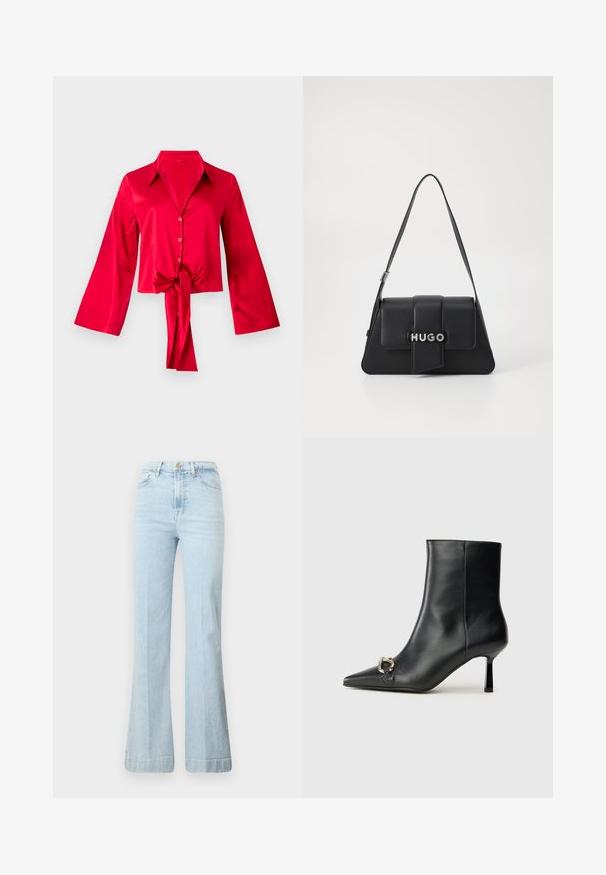 Red satin blouse with a collar, long bell sleeves, and a front tie detail at the waist. Buttons run down the front. Smooth texture.; Light blue flared jeans made of denim. Features high waist, zip fly, and two front pockets. Subtle fading on fabric, clean hem.; Black leather ankle boot with pointed toe, slim mid-height heel, and silver buckle detail on side against plain background.; Black leather handbag with a triangular shape, featuring a front flap, silver hardware, and the embossed logo "HUGO." Single shoulder strap.