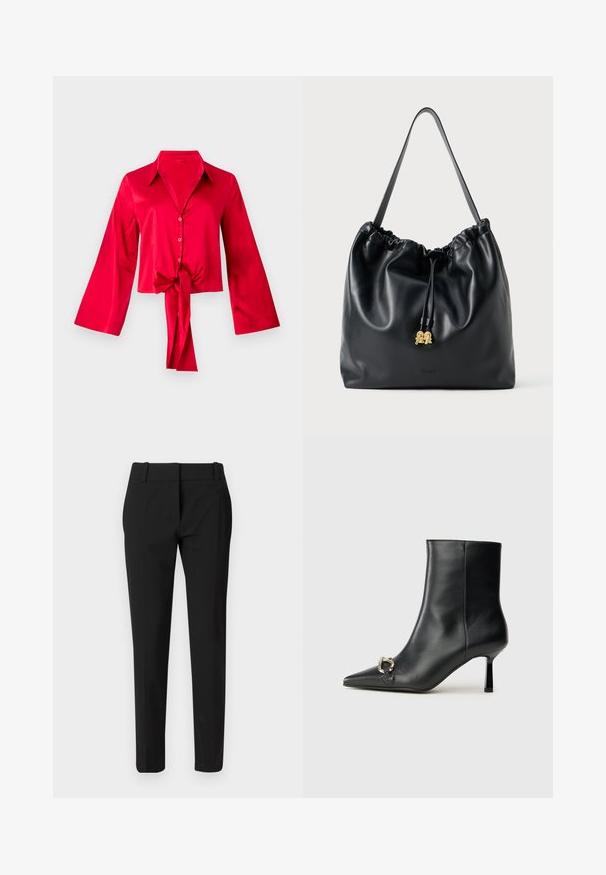 Blusa de seda vermelha com colarinho, mangas longas em sinos e um detalhe de laço na cintura. Botões descem pela frente. Textura suave.; Calças pretas sob medida com um design de perna reta, cintura e textura suave. Sem padrões ou adornos visíveis.; Bota preta de couro até ao tornozelo com bico apontado, salto slim de altura média e detalhe em fivela prateada de lado, contra um fundo simples.; Mala de cordão em couro preto com uma textura suave, topo franzido e discretos acessórios em dourado. Apresenta uma única alça resistente e um logótipo embossado.