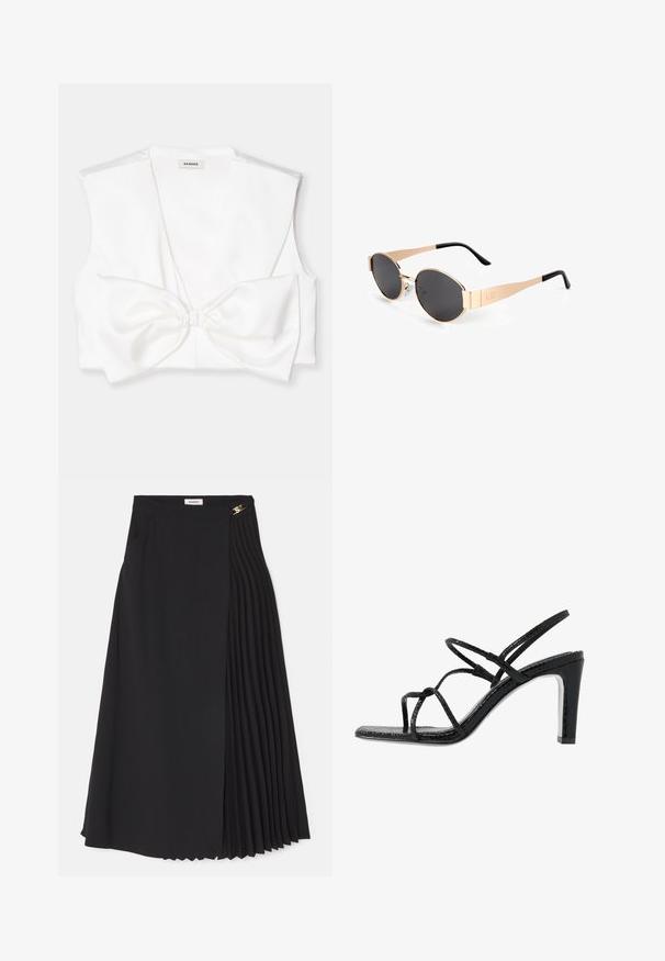 Weißes, kurzes top mit tiefem V-Ausschnitt, breiten Schultern und einer großen Schleifen-Applikation vorne. Glatte, satinähnliche Textur.; Schwarze Midirock mit Plissee-Design auf einer Seite, aus leichtem Stoff gefertigt, mit unsichtbarem Reißverschluss und Seitentaschen.; Schwarze Absatzsandalen mit dünnen Riemen, strukturiertem Finish, offener Zehenpartie und einem eleganten, spitzen Absatzdesign. Verfügt über eine glatte Innensohle und eine glänzende Oberfläche.; Goldfarbene ovale Sonnenbrillen mit dunklen Gläsern, die ein elegantes Design, dünne Bügel und einen schwarzen Akzent am Schläfenbereich aufweisen. Modellnummer L37.