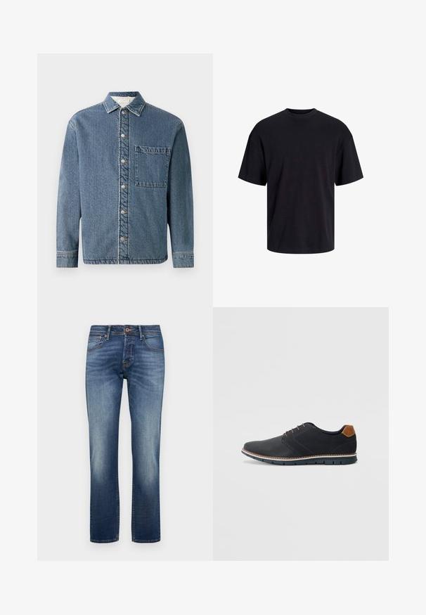 Jachetă din denim de culoare albastru deschis, cu guler, nasturi cu capsenă și o poșetă pe piept. Prezintă o croială lejeră și detalii vizibile de cusătură.; Tricou din bumbac negru, cu guler rotund, mâneci scurte și o croială lejeră. Textură netedă și fără modele sau accente vizibile.; Jeans din denim de culoare albastră medie, cu croială dreaptă. Talie medie cu estompare subtilă și cusături contrastante. Design cu cinci buzunare.; Pantofi sintetici negri cu un superior texturat, accente netede, toc maro și o talpă contrastantă. Prezintă un șnur minimalist și detalii de cusătură.