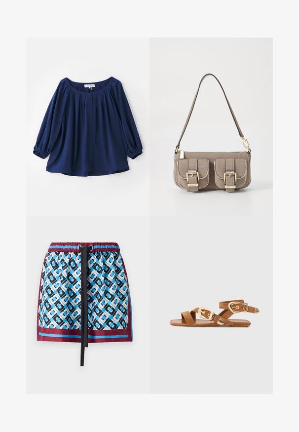 Navyblaue Bluse aus weichem Stoff mit weitem Halsausschnitt, Knopfverschluss, Falten auf der Vorderseite und elastischen Bündchen mit langen Ärmeln.; Kurzes Rock mit einem blauen und schwarzen geometrischen Muster, elastischem Bund mit Kordelzug und burgunderfarbener Paspelierung entlang des Saums.; Braune Wildledersandalen mit gekreuzten Riemen, goldfarbenen Schnallenakzenten und einer flachen Sohle. Das Design hat eine offene Ferse und eine abgerundete Zehenpartie.; Beige strukturiertes Handtäschchen mit verstellbarem Tragegurt, zwei vorderen Taschen, die mit Schnallen gesichert sind, und goldenen Metallakzenten. Reißverschlussöffnung oben.