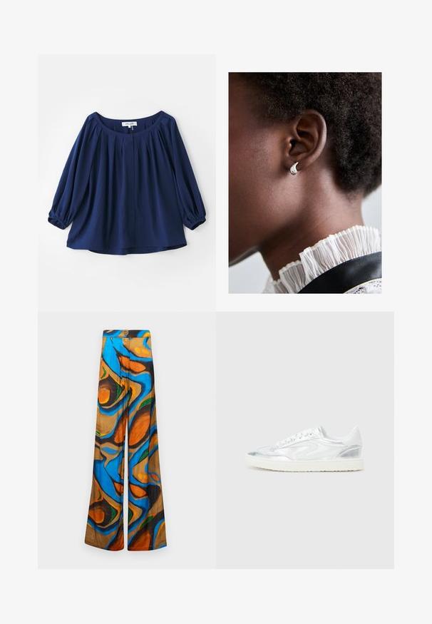 Navy blue blouse made of soft fabric, featuring a wide neckline, button closure, pleats at the front, and elasticized cuffs with full sleeves.; Wide-leg trousers featuring a multicolored abstract pattern with blue, orange, and brown hues. Made from lightweight fabric with a smooth texture.; White sneakers with metallic silver accents, smooth texture, round toe, flat sole, and traditional lace-up design.; Maria Black SAGENE TRAIL HUGGIE - Earrings - silver-coloured