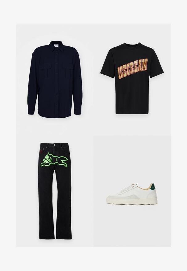 Filippa K RELAXED PATCH POCKET SHIRT - Skjorte - navy; Svart bomull T-skjorte med en stor, fet "ICECREAM"-grafikk i gul og rød, med et strukturert, mønstret design på bokstavene.; Sorte jeans med rett snitt, med et stort grønt grafisk motiv av en løpende tegneserie-katt på baksiden. Sølvfarget maskinvare som detaljer.; Hvit sneakers med semsket detaljer, rund tå, flate snøringer og en kremfarget gummisåle. Har grønn merking på hælen.