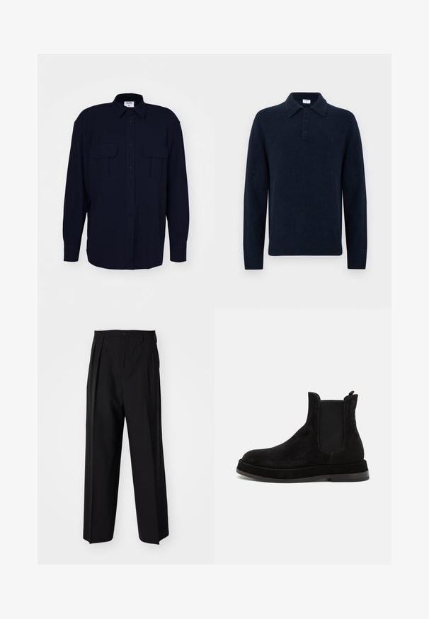 Filippa K RELAXED PATCH POCKET SHIRT - Cămașă - navy; Pulover tricotat cu mânecă lungă, de culoare bleumarin, cu trei nasturi și guler pliat, prezentat pe un fundal alb.; Pantaloni negri plisat cu un design drept și pantaloni largi. Construiți dintr-un material neted, prevăzuți cu închidere cu nasture și bucle pentru curea.; Botine Chelsea din suede negru, cu panouri elastice laterale, bot rotund și talpă plată. Detaliul texturat de-a lungul laturii adaugă interes vizual.