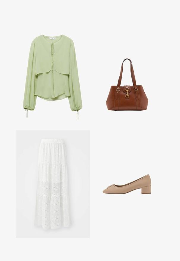 Blouse vert clair avec un col rond, des manches longues plissées et un design frontal superposé. Fabriquée en tissu doux et fluide avec des accents à cordon.; Jupe maxi blanche à plusieurs niveaux en dentelle, arborant un motif ondulé et une taille élastique. Design léger et fluide, idéal pour les temps chauds.; Escarpin en cuir beige avec un bout pointu, un petit nœud sur le devant et un petit talon carré. Texture lisse avec minimal de coutures.; Sac à main en cuir marron avec une forme structurée, des accents métalliques dorés, deux bretelles pour l'épaule et un détail décoratif en forme de boucle au centre.