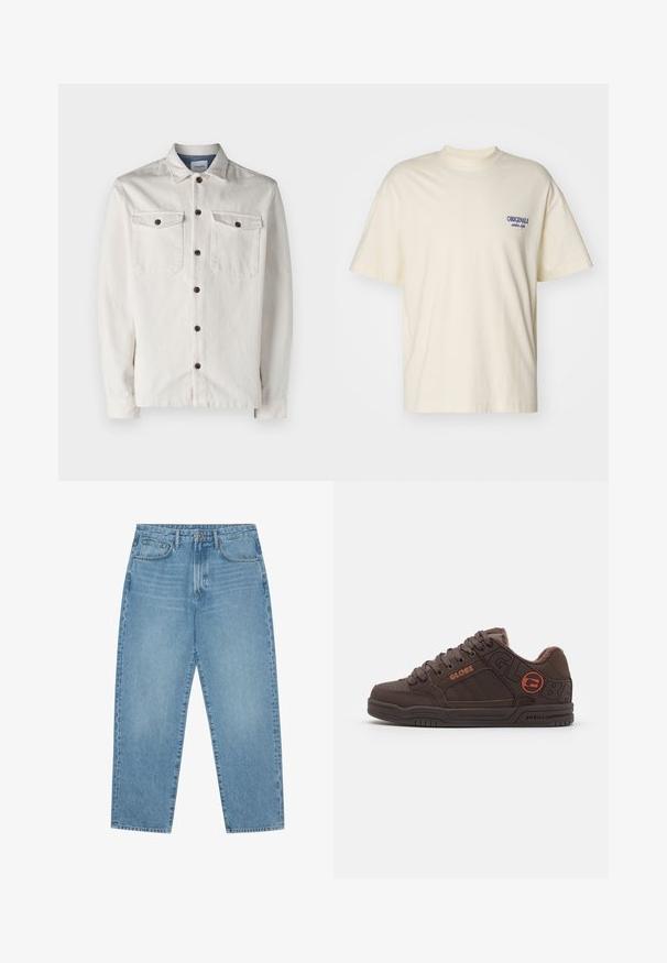 Jack & Jones JJEEDDIE  - Shirt - buttercream; Short-sleeve cream-colored t-shirt made of cotton. Features a small blue "ORIGINALS" logo on the left chest. Classic fit and crew neck design.; Light blue denim wide-leg jeans with a high waist, featuring five pockets, belt loops, and a soft, slightly faded texture.; Brown skate shoes with a padded collar, textured leather upper, and embossed logo. Features thick laces and a rubber sole with grooves.