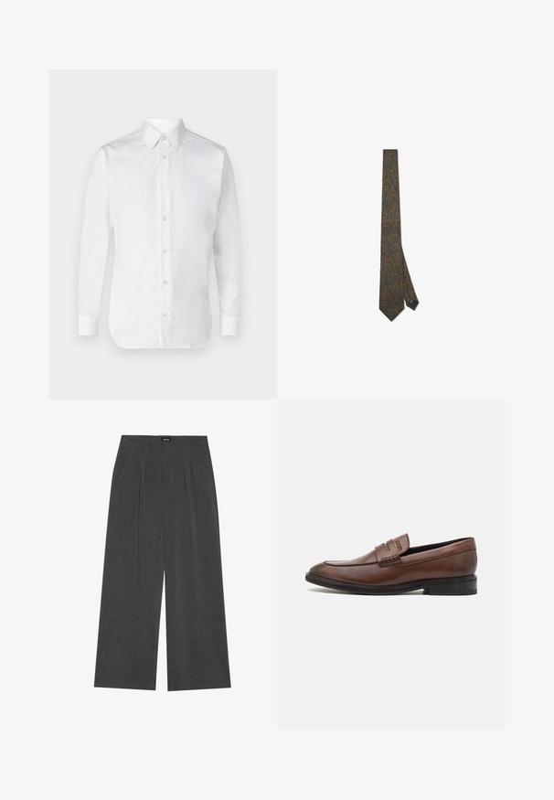 Valkoinen napapaidan paita pitkillä hihoilla, joka on valmistettu sileästä puuvillakankaasta. Klassinen kaulus ja hienovarainen kiilto. Viisi nappia edessä.; Rento-hameet tummanharmaasta kankaasta, jossa on pleidatut etuosat, kaksi sivutaskua ja litteä vyötärö. Sujuva rakenne ja räätälöity muotoilu.; Ruskea nahkakenkä, jossa on sileä pinta, pyöreä kärki ja koristeellinen ommelkoristelu edessä. Musta kumipohja.; Vihreä solmio, jossa on oranssi ja sininen paisley-kuvio. Valmistettu kankaasta, siinä on terävä pää ja pieni etiketti kapeassa päässä.