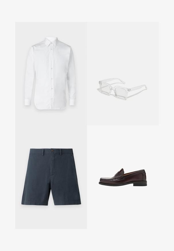 Weißes Hemd mit langen Ärmeln, aus glattem Baumwollstoff, mit einem klassischen Kragen und subtiler Glanz. Fünf Knöpfe vorne.; Navyblaue Shorts aus einem Baumwoll-Mix, mit Knopfverschluss, seitlichen Taschen und geradem Beinschnitt.; Braune Lederloafer mit runder Zehenform, dekorativen Nähten auf der Vorderseite und einer flachen Gummisohle für Unterstützung und Langlebigkeit.; Klare rechteckige Sonnenbrille mit einem dicken Kunststoffrahmen, die leicht getönte Gläser und keine zusätzlichen Muster oder Akzente aufweist.