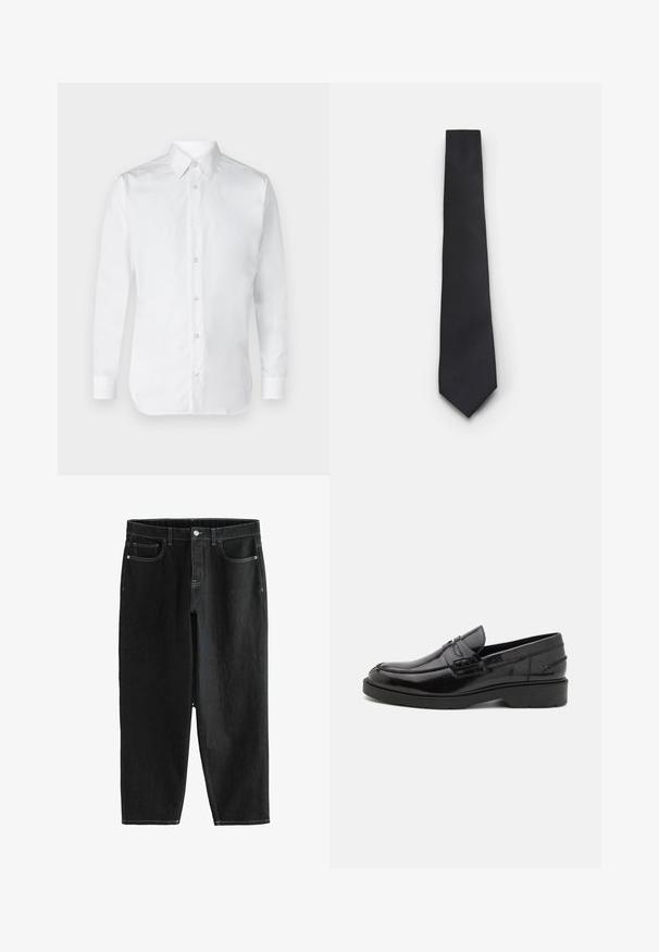 Balta marškiniai su ilgomis rankovėmis, pagaminti iš lygaus medvilnės audinio, su klasikiniu apykaklės dizainu ir subtiliu blizgesiu. Penki mygtukai priekyje.; Juodos džinsinės kelnės su tiesiu kirpimu, penkiais kišenėmis ir kontrastingais baltais siūlais. Yra priekinis mygtuko uždarymas ir diržo kilpos.; Juodos odinės loafer'iai su lygiu paviršiumi, apvalia nosimi, žemu kulnu ir dekoratyvinėmis siūlėmis priekyje. Gumos padas suteikia sukibimą.; Siaurukas juodas kaklaraištis su tekstūruota, įstrižine briaunų struktūra. Turėdamas smailą galą ir lygų paviršių. Tinka oficialiam apsirengimui.