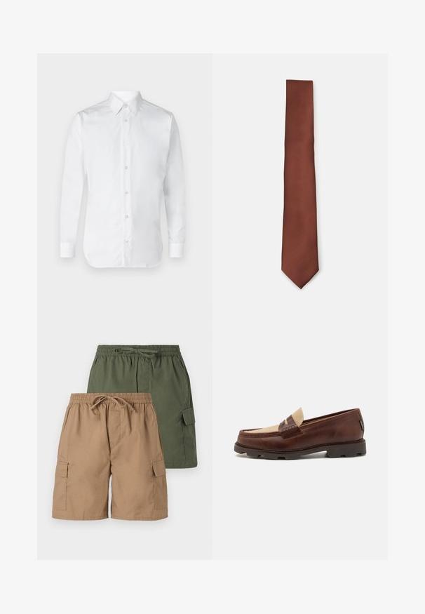 Weißes Hemd mit langen Ärmeln, aus glattem Baumwollstoff, mit einem klassischen Kragen und subtiler Glanz. Fünf Knöpfe vorne.; Zwei Paar Cargo-Shorts; eines in Khaki, eines in Grün. Jedes hat einen elastischen Bund, einen Kordelzug und seitliche Taschen. Glatte Stoffstruktur.; Braune Lederloafer mit einem taupefarbenen Canvas-Akzent, genähten Details und einer strukturierten Gummisohle, die für Komfort und Langlebigkeit ausgelegt ist.; Braune Seidenkrawatte mit diagonaler Streifenstruktur, zugespitztem Ende und glatter Oberfläche, entworfen für formelle oder berufliche Anlässe.