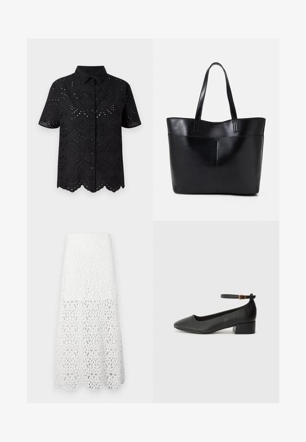 Schwarzes Kurzarmhemd mit Lüdchennäherei und gewelltem Saum sowie Knopfleiste. Leichter Stoff mit strukturierter Musterung.; Maje JOZIMALO - Maxirock - ecru; Schwarze Lederpumps mit spitzem Zehenbereich und niedrigem Blockabsatz. Mit einem Knöchelriemen und einer goldfarbenen Schnalle. Glatte Textur.; Schwarze Leder-Shopper-Tasche mit zwei langen Griffen, einer glatten Textur und einer strukturierten Form. Verfügt über eine Vordertasche für zusätzlichen Stauraum.