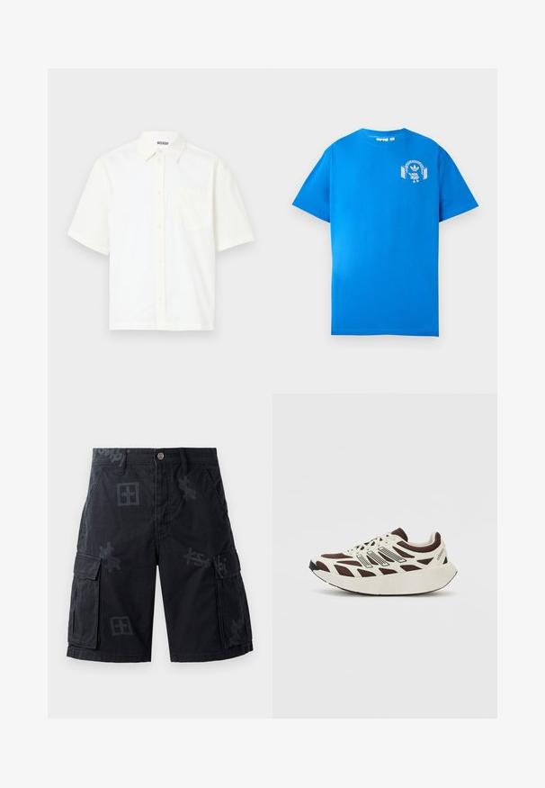 Lühikeste varrukatega, nööpidega särk kreemjas puuvillas. Omab kraed ja vasakul rinnal taskut, millel on lihtne disain ja pehme tekstuur.; Sinine puuvillane T-särk lühikeste varrukatega. Ees on valge graafiline kujundus, mis kujutab tegelast, kellel on kõrvaklapid ja kaar.; Mustad mustad lühikesed püksid, millel on kaks küljetaskut, nupu kinnitusega ja tooni-toonis graafilised mustrid. Valmistatud tekstureeritud kangast.; Pruun ja kreemikas tennis, millel on võrkmaterjalist ülaserv, tekstuuriga ülekattega ja ümar paks valge tald. Omab madalat keelt ja paelu.