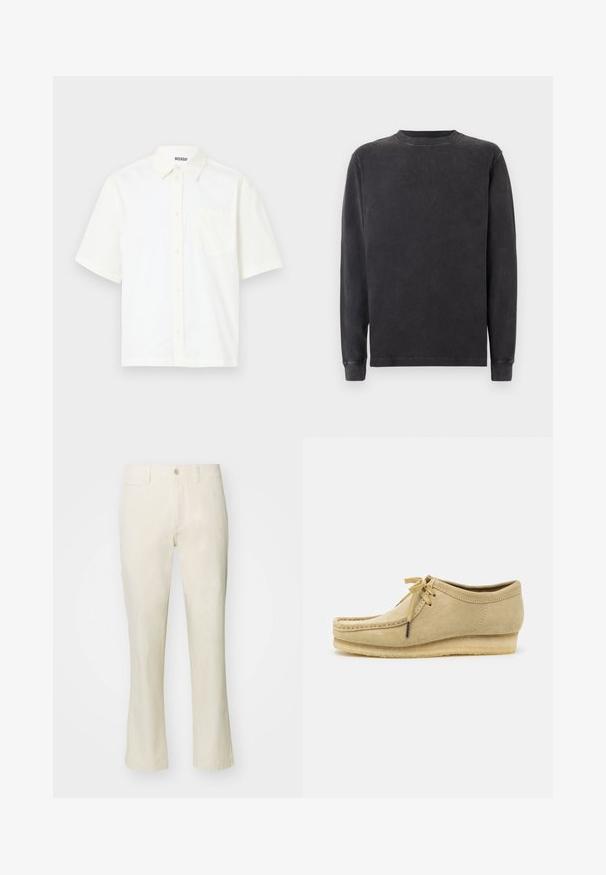 Cămașă cu mânecă scurtă, cu nasturi, din bumbac alb murdar. Are o rever și un buzunar pe pieptul stâng, cu un design simplu și o textură moale.; Pulover cu mânecă lungă și decolteu rotund, în gri închis, realizat dintr-un amestec moale de bumbac. Are manșete și decolteu cu nervuri, cu un finisaj neted, ușor texturat.; Pantaloni din bumbac bej cu un design drept, având închidere cu nasture și buzunar lateral. Textură netedă și stil simplu.; Shoe din suede bej cu un design cu șireturi, detalii cusute și talpă din cauciuc. Forma este casual, cu un ușor toc în wedge.