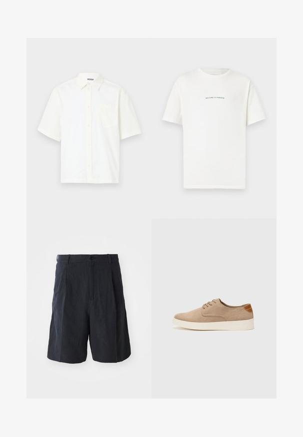 Chemise à manches courtes, à boutons, en coton écru. Avec un col et une poche sur la poitrine gauche, elle présente un design simple et une texture douce.; T-shirt en coton blanc à manches courtes et col rond. Le texte centré indique "BIENVENUE AU PARADIS" en une police verte courbée.; Weekday LOOSE SUIT - Short - black; Baskets en daim beige avec un embout arrondi, un laçage sur le devant et un accent texturé à l'arrière. La semelle en caoutchouc blanche offre un contraste. Design simple et moderne.