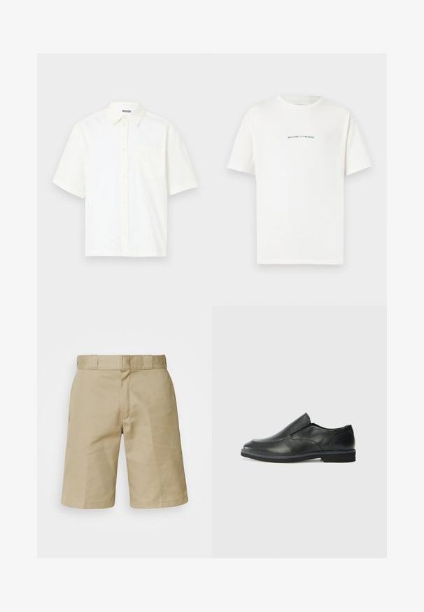 Kurzärmliges, knöpfbares Hemd aus elfenbeinfarbenem Baumwollmaterial. Verfügt über einen Kragen und eine Brusttasche auf der linken Seite mit einem schlichten Design und weicher Textur.; Weißes Baumwoll-T-Shirt mit kurzen Ärmeln und Rundhalsausschnitt. Zentrale Schriftzüge "WILLKOMMEN IM PARADIES" in einer geschwungenen grünen Schrift.; Khaki-Shorts mit flachem Frontdesign, genähtem Bund mit Gürtelschlaufen und zwei Seitentaschen. Hergestellt aus leichtem Stoff.; Schwarze Leder-Slipper mit glattem Obermaterial, gesteppten Akzenten, runder Zehenpartie und niedrigem Gummiabsatz. Die Sohle hat ein minimales Profil.