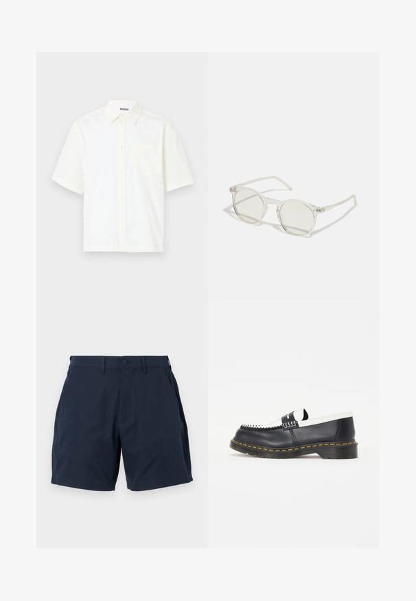 Rövid ujjú, gombos ing törtfehér pamutból. Gallérral és egy bal oldali mellzsebbel rendelkezik, egyszerű dizájnnal és puha textúrával.; Tengerészkék rövidnadrág, sima, könnyű anyagból készült. Gombos záródással, oldalsó zsebekkel és egyenes vonalú, szabott kialakítással rendelkezik.; Fekete bőr mokaszin, fehér bőr díszítéssel. Díszvarrással és sárga kiemelésű gumitalppal rendelkezik. Lekerekített orrforma.; Kerek napszemüveg, átlátszó kerettel, világos zöld lencsékkel és vékony, átlátszó szárakkal. A kereten diszkrét fém kiegészítők találhatók.