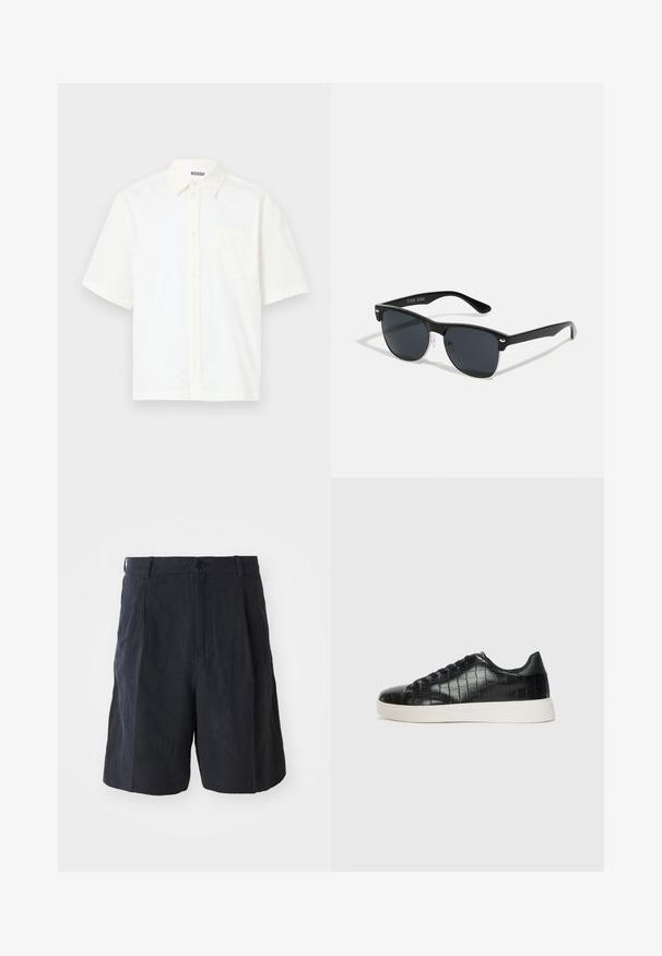 Rövid ujjú, gombos ing törtfehér pamutból. Gallérral és egy bal oldali mellzsebbel rendelkezik, egyszerű dizájnnal és puha textúrával.; Weekday LOOSE SUIT - Rövidnadrágok - black; Fekete sportcipő, amely texturált krokodilbőr felsőrésszel, kerek orral és sima felületű, kontrasztos fehér gumitalppal rendelkezik.; Fekete napszemüveg, téglalap alakú, sötét lencsékkel, ezüst részletekkel a szárakon, és matt felülettel a kereten.