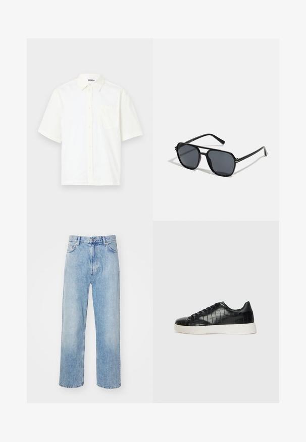 Short-sleeve, button-up shirt in off-white cotton. Features a collar and a left chest pocket with a simple design and soft texture.; Light blue denim jeans with a straight leg design, featuring contrast stitching, five pockets, and a classic button-fly closure.; Black sneakers featuring a textured croc-embossed leather upper, rounded toe, and a contrasting white rubber sole with a smooth finish.; Black sunglases with octagonal frame, dark lenses, glossy finish, thin temples, and gold accents on the front.