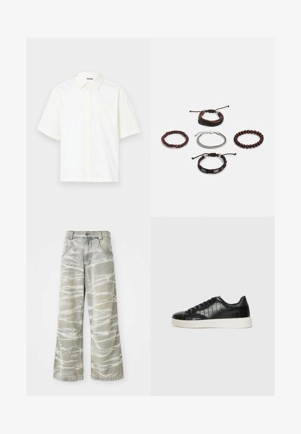 Rövid ujjú, gombos ing törtfehér pamutból. Gallérral és egy bal oldali mellzsebbel rendelkezik, egyszerű dizájnnal és puha textúrával.; Világosszürke farmernadrág, széles lábbal, fehér absztrakt mintákkal, öt zsebbel és elöl gombos záródással. A szakadt szegély részlete.; Fekete sportcipő, amely texturált krokodilbőr felsőrésszel, kerek orral és sima felületű, kontrasztos fehér gumitalppal rendelkezik.; Öt darabból álló karkötőszett, barna bőrből, fa gyöngyökkel és ezüst lánccal; különböző textúrákkal és formákkal, állítható zárással.