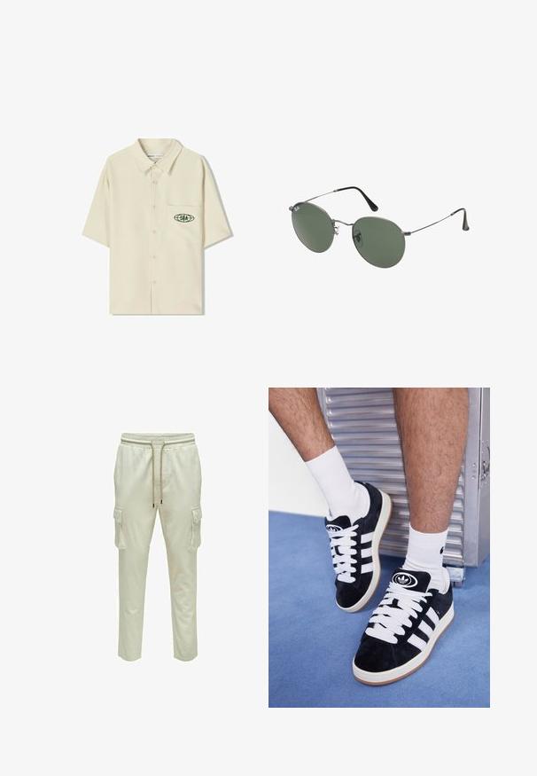 Košulja na kratke rukave, bež boje, s gumbima i ovratnikom, sadrži zeleni logo na lijevoj prednjoj torbici. Glatka, lagana tkanina.; Bijela pamučna majica kratkih rukava, s okruglim izrezom i opuštenim krojem. Glatka tekstura bez vidljivih uzoraka ili ukrasa.; Svijetlosmeđi cargo hlače s elastičnim pojasom i podesivom čičak trakom, s dva bočna džepa i ležernim krojem.; Crne nubuk tenisice s bijelim vezicama i tri bijele pruge. Imaju kružni crni logo na jeziku i gumeni potplat.; Naočale s metalnim okvirom i ovalnim zelenim staklima. Tanka srebrna metalna konstrukcija i crni silikonski jastučići za uši. Minimalistički dizajn, bez vidljivih logotipa.