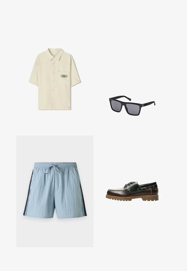 Short-sleeve, beige button-up shirt with a collared neckline, featuring a green logo on the left chest pocket. Smooth, lightweight fabric.; Light blue swim shorts with an elastic waist and drawstring. Features navy side panels and white trim along the sides. Lightweight fabric.; Brown and green leather boat shoe with a white stitched design, round laces, and a textured rubber sole. Durable construction with metal eyelets.; Black rectangular sunglasses with dark lenses, a matte finish, and logo detail on the temple. The design features straight edges and thick frames.