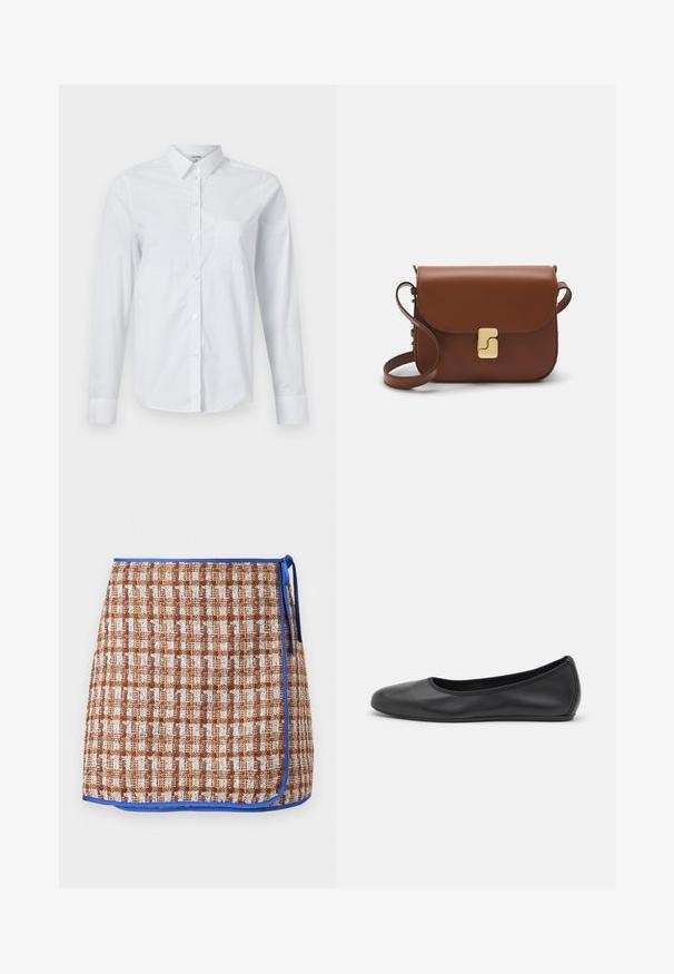 Valge pikakä sleeves särkk, mis on valmistatud puuvillast. Omab nööbiga esiosa, teravat kaelust ja vasakul küljel rinnataskut.; Kootud vöörihmaga seelik pruunikasmustrites kontrollmustris, sinise äärisega. Omab külje sidet ja tekstuurset kangast lisadetailideks.; Musthave mustika tantsutossud mustast nahast, ümmarguse varbaga, siledast tekstuurist, minimaalse õmblusdetailiga ja paindliku tallakujundusega.; Pruunist nahast käekott, millel on klapiga sulgur, kuldne riistvara, õlarihm ja sile tekstuur. Kompaktne ristkülikukujuline vorm.