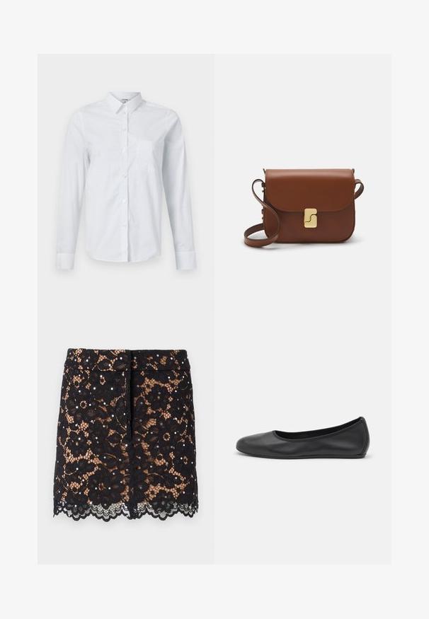 Camicia bianca a maniche lunghe realizzata in cotone. Presenta un'apertura a bottoni sul davanti, colletto a punta e una tasca sul petto sul lato sinistro.; Gonna nera in pizzo con motivi floreali, strass decorativi, orlo a scallop e design aderente. Si ferma all'altezza della coscia.; Pantofole da balletto nere in pelle con punta arrotondata, texture liscia, dettagli di cucitura minimi e design con suola flessibile.; Borsa a tracolla in pelle marrone con chiusura a pattina, hardware color oro, tracolla e una finitura liscia. Forma rettangolare compatta.