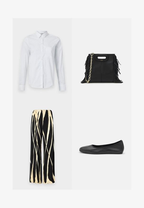 Bílá košile s dlouhým rukávem vyrobená z bavlny. Má zapínání na knoflíky vpředu, špičatý límec a náprsní kapsu na levé straně.; Kalhoty s širokými nohavicemi a elastickým pasem, s černým pozadím a krémovým abstraktním pruhovaným vzorem. Hladká textilie.; Černé kožené baletní byty s kulatou špičkou, hladkou texturou, minimálními švy a flexibilním designem podrážky.; Černá kožená kabelka s třásněmi, zlatým řetízkovým ramenním popruhem a rukojetí s výřezem. Na přední straně se nachází logo.