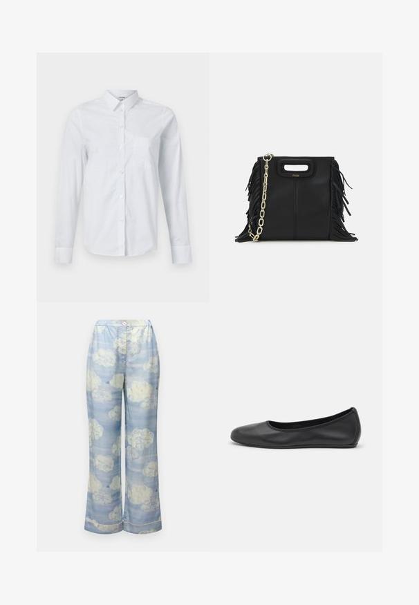 Fehér, hosszú ujjú ing, amely pamutból készült. Gombos elülső rész, hegyes gallér és egy mellzseb a bal oldalon.; Égkék, bőszárú nadrág könnyű anyagból, lágy fehérek és diszkrét pasztell színek felhőmintájával, rugalmas derekú dizájnnal.; Fekete bőr balettcipő lekerekített orral, sima tekstúrával, minimális varrással és rugalmas talp kialakítással.; Fekete bőr kézitáska, frufrus részletekkel, arany láncos vállpánttal és kivágott fogantyúval. Az elülső részen logó található.