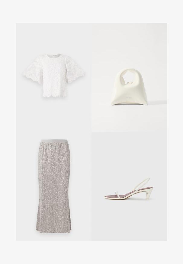 Balta mežģīņu blūze ar īsām, izplūdušām piedurknēm, apaļu kakla izgriezumu un viļņotu apakšu. Uz auduma ir redzami smalki ziedu raksti.; Zīda garuma, sudraba spīguļota svārki ar pieguļošu jostasvietu, ar vertikāliem spīduma rakstiem un sānu iegriezumiem vieglākai kustībai.; Baltas siksnas sandales ar nelielu papēdi, plānām siksniņām un gludu ādas tekstūru; ar nelielu dekoratīvu sprādzi.; Balta soma ar teksturētu, izliekta dizaina. Iezīmējas ar izteiktu rokturi un noapaļotu apakšu, gluda apdare un minimāla aparatūra.