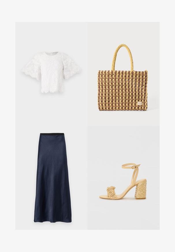 White lace blouse featuring short, flared sleeves, a round neckline, and a scalloped hem. Delicate floral patterns are visible on the fabric.; Navy satin midi skirt with a smooth texture, flared design, and a black elastic waistband. No patterns or visible hardware.; Beige high-heeled sandal with a braided texture, featuring a decorative flower and ankle strap. Square-shaped heel adds stability.; Woven bag in brown and yellow, featuring a rectangular shape, two handle straps, and a textured finish with visible stitching and a brand tag.