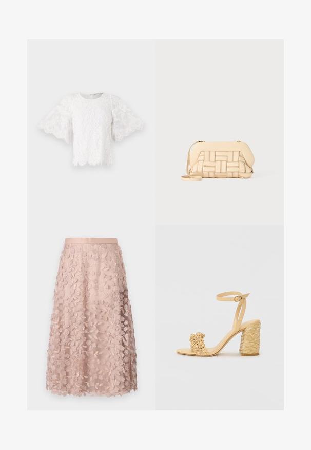 Witte kanten blouse met korte, uitlopende mouwen, een ronde halslijn en een golvende zoom. Zachte bloemmotieven zijn zichtbaar op de stof.; Lace midi-rok in zacht roze met bloemborduursels, voorzien van een aansluitende tailleband en gelaagd ontwerp, wat een delicate textuur benadrukt.; Beige hoge hak sandaal met een gevlochten textuur, voorzien van een decoratieve bloem en enkelbandje. Vierkante hak zorgt voor stabiliteit.; Geweven beige handtas met een gestructureerd ontwerp, voorzien van een gladde bovenkant en een lange schouderband. Textuurdetails verbeteren het algehele uiterlijk.