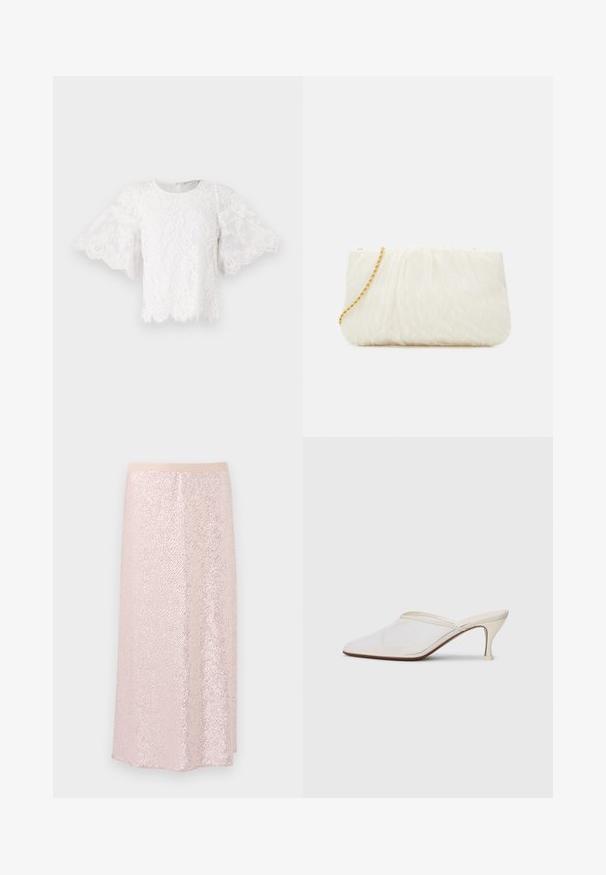 Blouse en dentelle blanche avec des manches courtes évasées, un col rond et un ourlet à volants. De délicats motifs floraux sont visibles sur le tissu.; Jupe en sequins roses avec une taille lisse, présentant une surface texturée et un design en A longueur genoux. Les sequins réfléchissants créent un effet scintillant.; Mule blanches en mesh avec un bout pointu, un talon moyen élancé et un design à enfiler, sur un fond uni.; Sac à main texturé blanc avec un design froncé, doté d'une bandoulière en chaîne dorée. Fini lisse avec des ondulations subtiles et des bords arrondis.