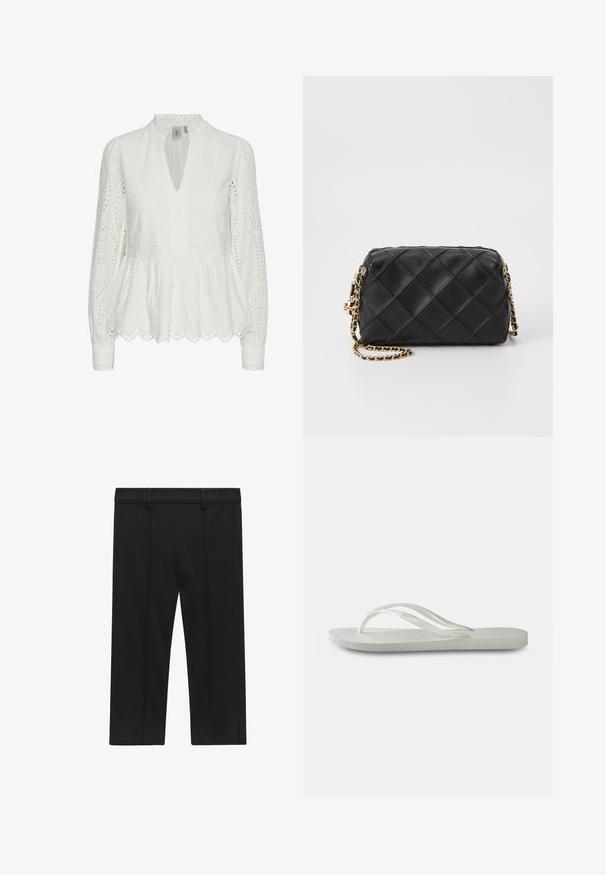 Blouse blanche brodée avec un ourlet festonné, un décolleté en V profond, des manches longues et des motifs découpés complexes sur tout le tissu.; STOCKH LM Studio KAYLA CAPRI - Short - black; Tong en plastique blanche avec une semelle texturée, dotée de fines brides et d'un design plat. Fabriquée en caoutchouc avec un logo discret sur le coussin de pied.; Sac en cuir matelassé noir avec une bandoulière en chaîne dorée et une fermeture à glissière. Présente un motif en diamant, une texture lisse et une forme rectangulaire élégante.