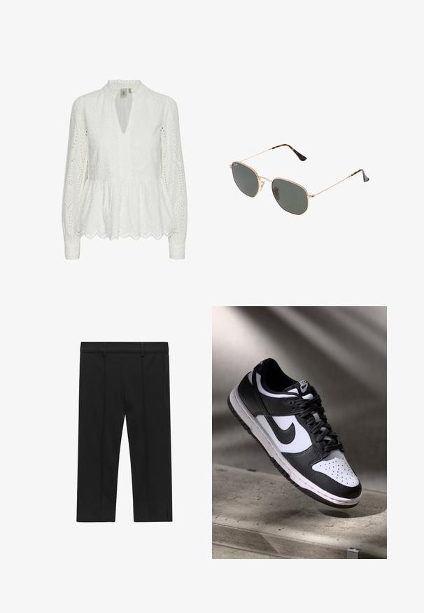 Valkoinen brodeerattu paita, jossa on aaltoileva helma, syvä V-kaula-aukko, pitkät hihat ja monimutkaiset leikkuukuviot kankaassa.; STOCKH LM Studio KAYLA CAPRI - Shortsit - black; Musta-valkoinen Nike Dunk Low -lenkkari, jossa on nahkainen yläosa, rei'itetty varvasosa ja mustat nauhat. Kenkässä on valkoinen pohja ja logovärityksiä.; Kultaa metallikehyksiset aurinkolasit tummanvihreillä linsseillä, pilottilaatuinen tyyli, jossa on kapeat varret ja kilpikonnakuosiset korostukset päissä.; Mustakudottu nahkalaukku kultaketjulla ja vetoketjulla. Omistaa timanttikuosin, sileän pinnan ja tyylikkään suorakaiteen muodon.