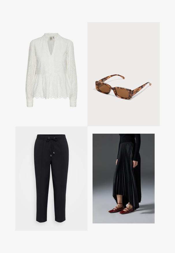 White embroidered blouse with a scalloped hem, deep V-neck, long sleeves, and intricate cut-out patterns throughout the fabric.; Black sweatpants with a drawstring waistband, tapered fit, and two side seams. Soft, smooth fabric with no visible patterns or embellishments.; Black pleated skirt with a high-low hem, paired with glossy red flats featuring a strap design. The fabric has a smooth texture.; Tortoiseshell sunglasses with rectangular brown lenses, a thick frame, and slim arms featuring a pattern of varying shades of brown.