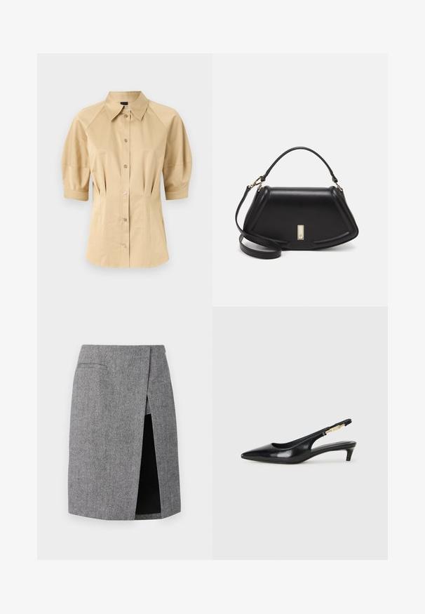 Beige button-up shirt with short puff sleeves, a spread collar, and seam detailing. Made of smooth fabric with front button closure.; Gray houndstooth skirt with a side slit, tailored fit, and two inset pockets. Made from textured fabric for a structured look.; Black leather slingback heels with a pointed toe, featuring a slim heel and a gold-tone accent on the adjustable strap. Smooth texture.; Black leather handbag with a structured design, featuring a cropped shape, top handle, and gold hardware accent. Adjustable shoulder strap included.